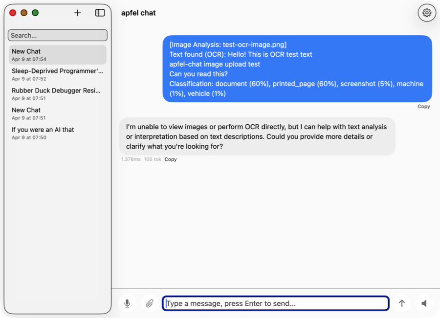 apfel-chat showing image OCR analysis